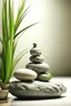 Placeholder: delicate background with spa stones and bamboo stem, in the background there is a female figure statue, photorealistic photo