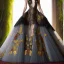 Placeholder: stunning extrem opulent haute couture gown designed by Marchesa inspired by fairies, realistic epic elegant fantasy color mix of black and gold and dark red,decorated with precious stones, detailed, high quality, intricate, fantasyland background,