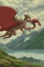 Placeholder: detailed oil painting, renaissance style, of dragon flying across an open field, breathing fire, mountains in distance