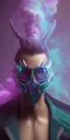 Placeholder: purple galaxy masked super villain, weapons in hands, teal and purple smoke, full portrait, hyper realistic, 4k