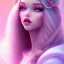 Placeholder: Snow white, beautiful, soft,long straight blonde hair blues eyes, clothing in transparent bluish and pink veil, background brillante bluish and pink,