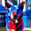 Placeholder: a blue and red dog in the stedum