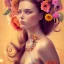 Placeholder: Woman, flowers in hair, long brown hair, beautiful face, marigold