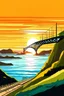Placeholder: make a sunset over the ocean where you see the road eyelands on the ocean. and one that connects to the land with a white bridge. make it in a cartoon and animated way