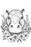 Placeholder: portrait of hippo and background fill with flowers on white paper with black outline only