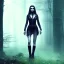 Placeholder: ethereal, gothic makeup, dark forest, shaved head, long legs, full-body