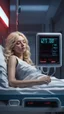 Placeholder: photorealistic hyperdetailed very small young woman with blonde hair lying asleep on a hospital large bed with a heart monitor and iv lines attached