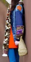 Placeholder: Brunette.thick thighs,thick calves,flat belly,curvy fell. big head. Mantle is sewed of upcycled Denim and sewed together of camouflage pieces. Pieces' color are orange, cream and purple. It is with big bright purple felt tippet and cream-colored-hood. mantle is merged with satchel. . Big AKG-style headphones (gold rings!) is merged with small felt cap with small visor. Style: Haute Couture in 1910's, N.Y.C fashion in 1996, inspired by street art 2023 Paris