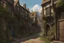 Placeholder: gothic, medieval street in a shanty town, inns, shops, balconies, bridges, arches, cobbled roads, people, in a wood, dense foliage, photo-realistic, Hogwarts, blue sky