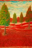 Placeholder: A red grassland plain with cypress trees designed in Mehndi design painted by Claude Monet