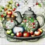 Placeholder: Watercolour and ink patchwork in the style of Jamie Heiden, Walter Crane, Yayoi Kusama, Ivan Shiskin, John Atkinson Grimshaw: zentangle cute whimsical watercolor Still life with apples on a porcelain plate and a teapot crisp quality, ultra detailed, elegant, fantastical, surreal, watercolor and pen, beautiful high definition fine 3D line art, white and grey and red dreamy colours, extremely detailed, intricate, elaborate, HDR, award winning, expressionism, fantastic view, ethereal, fantasy, unsi
