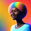 Placeholder: Ultra realistic photo. volumetric lighting , scientist. Young black woman, young, big smile. Joy. smiling. Afro futurism. Afro puffs. Blue hair. Ombré hair Cotton candy