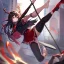 Placeholder: Clear focus,High resolution, Black long hair, Red eyes, Red horns, Wearing a black and red sailor uniform, Swinging a baseball bat, Looking away from the viewer, Full body, Kicking