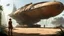 Placeholder: Concept art. wide-angle. skinny 50-year-old woman in brown shorts, shirt, and boots, standing next to a Naboo Royal Cruiser cargo ship, sitting in a derelict alien jungle town. Best quality.