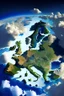 Placeholder: European countries are viewed from space, roads, cities, signs are visible. Highlight the names of the countries on the map. The clouds are naturalistic