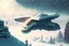 Placeholder: spaceship flying low over a snow-covered city