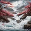 Placeholder: Rustic cherry branch floating down narrow rushing river, violent rapids, white peaks, birds flying. Highly detailed, fantasy, beautiful,hyperrelastic,