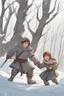 Placeholder: DnD style, two medieval peasant kids playing in the snow, female age 14 and male age 15, happy and playful, he has a short sword.