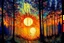 Placeholder: baroque style sunset in the forest, painting with kaleidoscopic touches, in the style of Claude Monet