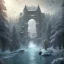 Placeholder: fantasy art, book illustration, upper body of big mad wizard on bridge ,icy water, on the bridge is a wolf, there is also a hawk and everything is seen from the tree tops