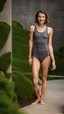 Placeholder: anorexic beautiful woman, age 24, total shot, short anthracite triathlon swimsuit, wavy bob haircut, brunette hair, blurred concrete background