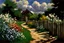 Placeholder: Clouds, cabin, spring trees, little pathway, fence, flowers, frederic bazille impressionisn painting