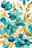 Placeholder: watercolor abstract big turquoise flowers with golden outlines on white background