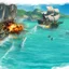 Placeholder: Two pirate ships fight each other at sea. Firing cannons. One ship is hit and burns after being hit.