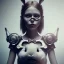 Placeholder: a cute smiling girl with her toy bunny, tattoo in her face, michelangelo oil painting, steam punk, scary, horror, realistic, made in octane, cinematic, ultra-realistic, extremely detailed octane rendering, 8K, VRAY Super Real ar 2:3, dof photorealistic futuristic 50mm lens hard lighting dark gray tintype photograph, realistic lighting, sephia colors