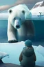 Placeholder: Niño y niña observan con tristeza cómo el glaciar se derrite y cae en el mar, a un lado un oso polar se con una mirada de preocupación