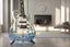 Placeholder: A lovely clear transparent resin guitar with forget-me-not design in a modern room in sunshine