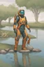 Placeholder: [Asimov's Foundation] A man in scifi outfit around a pond