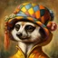 Placeholder: Imagine an anthropomorphic meerkat with a harlequin hat ,by Judith Leyster. in the style of August Macke, John Blanche. Modifiers: oil on canvas vibrant imperial colors hyperrealistic ultra detailed crisp quality whimsical muted colors Decadent 64K, UHD, HDR, HQ anthropomorphic face dark, gloomy, mysterious ©Miwi metallic bronze accents