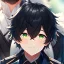 Placeholder: Clear focus,High resolution, black short fluffy hair, long fluffy bangs, and green eyes, wearing a boy uniform, Extreme Close Up, Boy