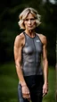 Placeholder: photography of a beautiful anorexic woman, grey satin triathlon top, sports illustrated, blond short wavy bob haircut, pronounced sternum, flat chest, anthracite cycling leggins