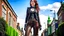 Placeholder: full-height portrait of a woman with straight shoulder-length auburn hair, with metal arms and legs, dressed in leather trousers, and a waistcoat, in a Victorian street next to a steampunk motorbike, blue sky