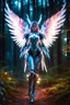 Placeholder: Front View night photography Beautiful Angel mecha in Magical Forest full of lights colors, Photography Art Photoshoot Art Cinematic Soft Blur Colors - on Running Dramatic Pose