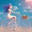 Placeholder: A girl is riding a bicycle on the beach. His cat is sitting in the front basket of the bicycle. Spring flowers can be seen everywhere. Beautiful blue sky with white clouds - kites in the sky. sense of peace. digital art, anime, 8k, full details, colorful, high resolution