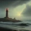 Placeholder: franz frazetta style, old lighthouse, sea in the distance, sunset, heavy clouds