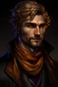 Placeholder: Dnd, rpg, human, male, early 30s, golden hair, short hair, wavy hair, victorian, theif, dark orange scarf, brown vest, black wool blazer, bright blue eyes, facial stubble, content,