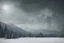 Placeholder: outdoor scene, at night, in the snow. large mountains in the background. a monstrous creature in the form of a large black cloud. snowstorm dramatic scene, very dark lighting. style vintage, photo, lightning cold, color film filter
