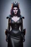 Placeholder: Amy Dumas as evil queen in black leather gown, evil, busty, cleavage, curvy, angry, stern look. character design by cory loftis, fenghua zhong, ryohei hase, ismail inceoglu and ruan jia. unreal engine 5, artistic lighting, highly detailed, photorealistic, fantasy