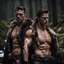 Placeholder: two Handsome and muscular 30 year old shirtless mountain men , dark fantasy, snowy forest