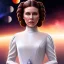 Placeholder: model shoot style, digital art zoomed out portrait of (Princess Leia) ((dressed in white and off white gown)), surrounded by 100 planets, ultra-detailed, ultra quality, illustration, eerie atmosphere, 8k, cinematic lighting