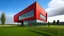 Placeholder: A modern, minimalist building with a (red exterior wall, a glass wall, and a person walking inside the structure. The building is situated on a grassy field with a cloudy sky in the background)