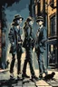 Placeholder: Design a detective book cover for teenagers. A teenage girl in the centre, one boy on her left, and one on her right are on the town street. Black cat at girl's legs. Banksy style, pop art style, dark mood, mysterious atmosphere