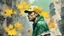 Placeholder: background old, cracks, yellow, torn canvas, gouache, double exposure, man, baseball cap, 40 years old, fine drawing, blots, newspaper scraps, leaves, green, autumn, rain, city, branches, 8K, double exposure