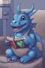 Placeholder: A small blue dragon playing a video game