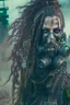 Placeholder: front facing full length grunge armored female, dreadlock hair cyberpunk vampire mercenary with gas mask, telecommunications unit, highly detailed with gritty post apocalyptic textures, toxic irradiated landscape, finely detailed facial features, photorealistic 8k render