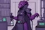 Placeholder: a black and purple, female argonian artificer who uses Tesla coils, skinny, wearing little armor, in her lab